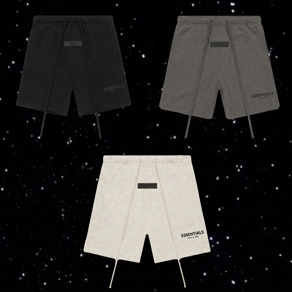 Essentials Shorts colorways arranged on a black starry background