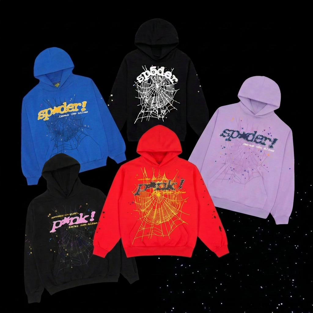 Sp5der Hoodie colorways arranged on a black starry background